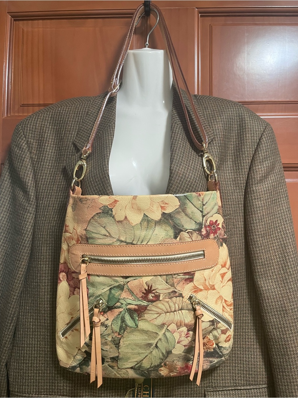 Vintage Maurizio Taiuti Floral Leather Shoulder Bag with Tan Trim